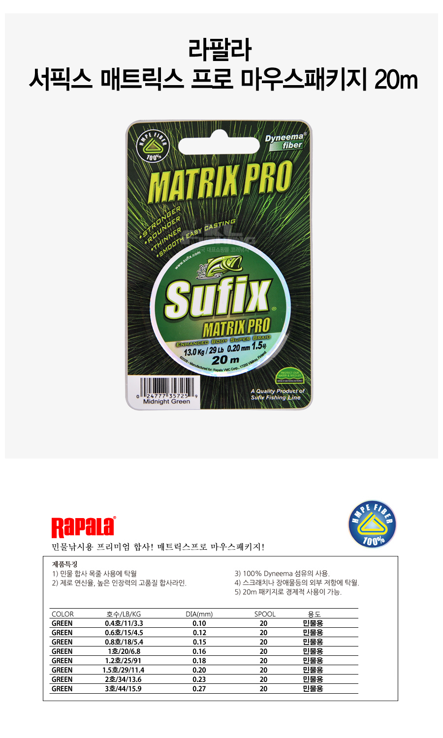 라팔라 서픽스 매트릭스 프로 마우스패키지 20m 민물합사줄