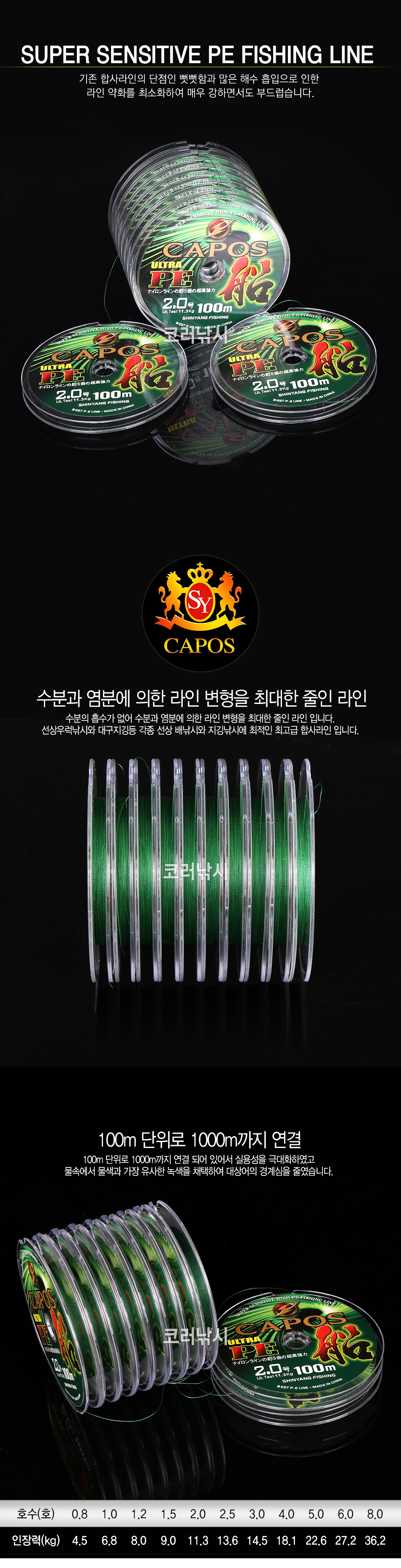카포스 울트라 PE 선 연결합사100m 그린 우럭합사 선상합사 칼치합사 루어합사 벌크합사