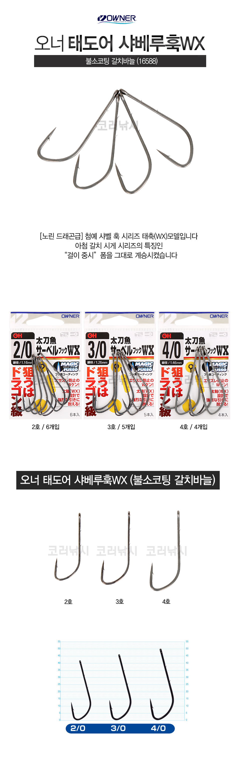 오너 태도어 샤베루훅WX (불소코팅 갈치바늘) (16588) 칼치바늘 갈치바늘 옵셋훅 갈치훅 칼치훅 선상갈치 심해갈치    