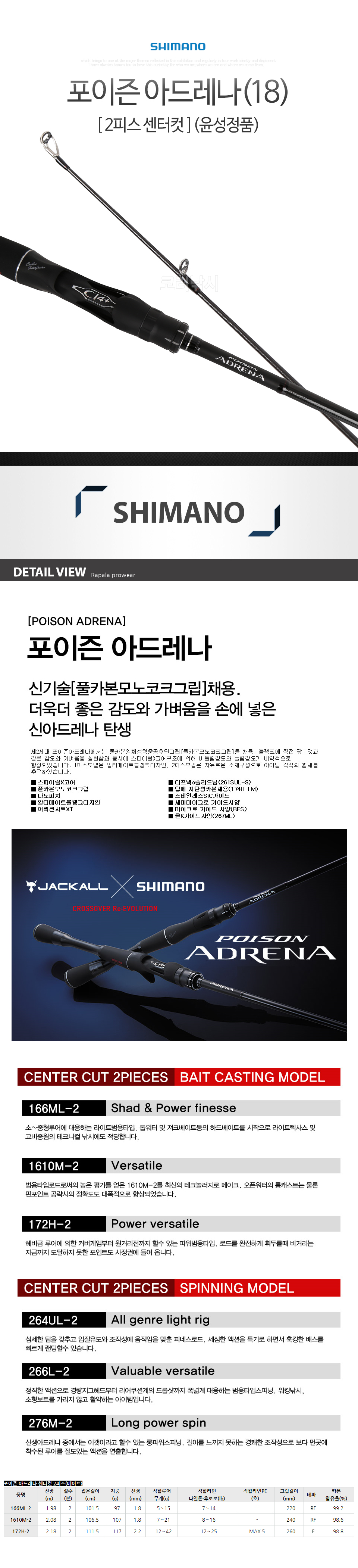 시마노 포이즌 아드레나(18) (2피스 센터컷) (윤성정품) 포이즌아드레나 배스낚시 배스 배스루어 배스낚시대 시마노낚시대