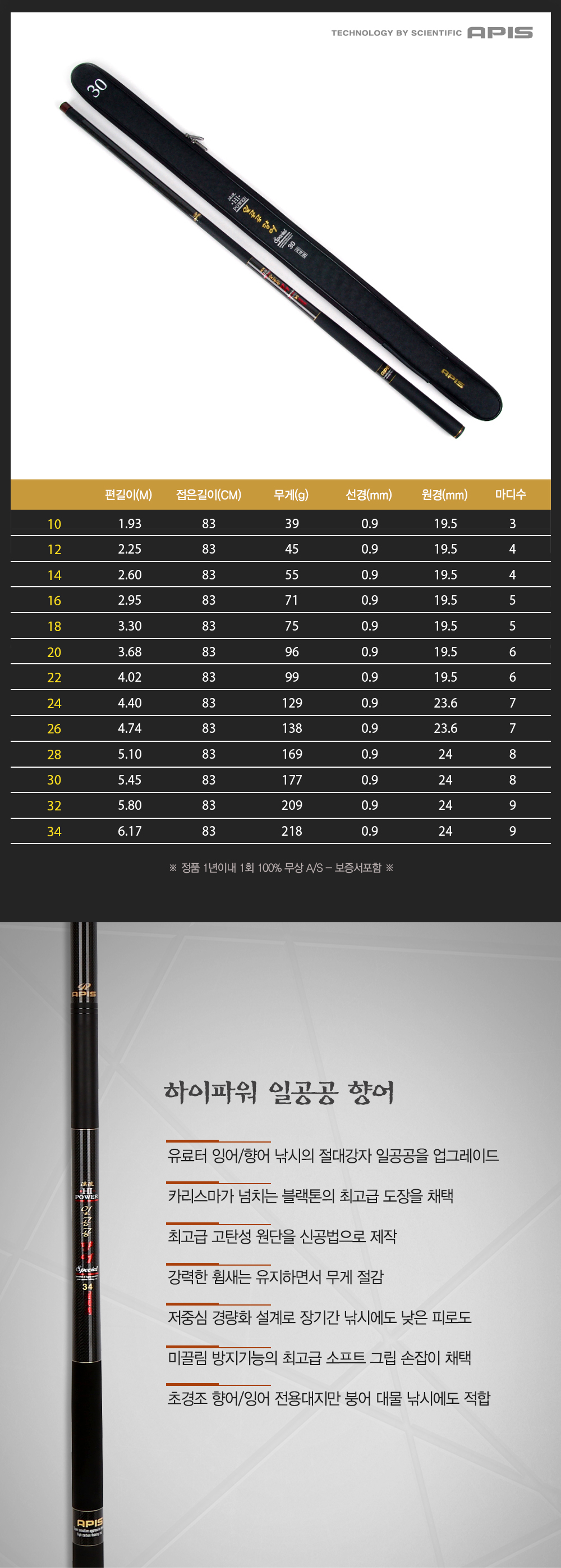  아피스 하이파워 일공공 향어-경질대-1년1회 100%무상보증  45160040 향어대 잉어대 양어장낚시대 양어장대 경기용대 경기전용경질대