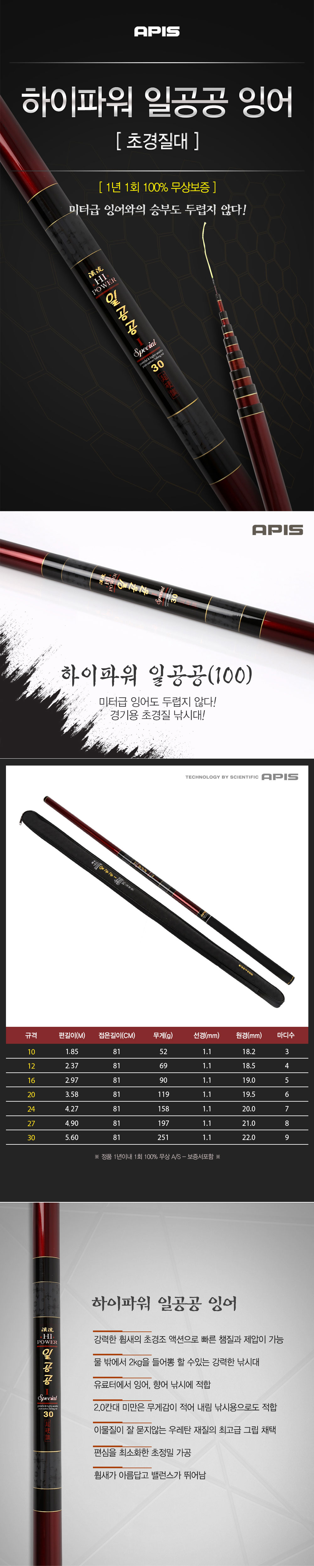 아피스  하이파워 일공공 잉어대물대 초경질대  1년1회 100%무상보증   