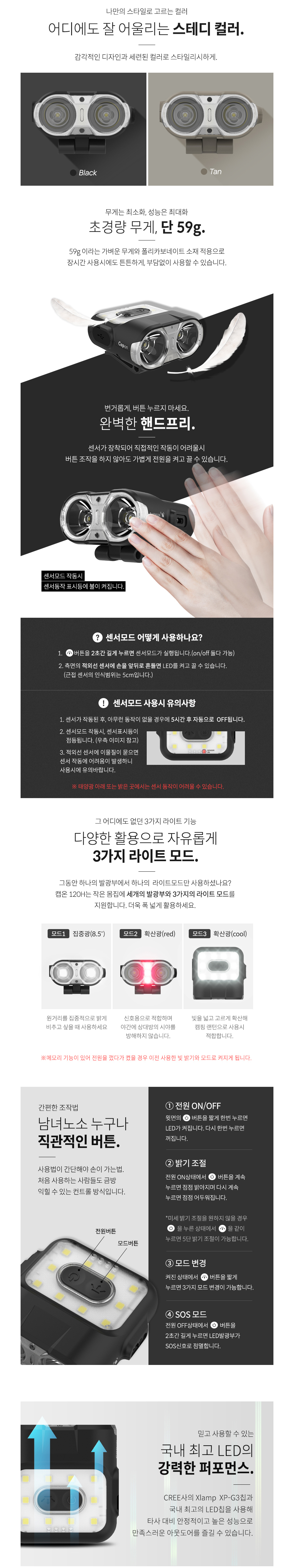 크레모아 LED 캡라이트 캡온 120H 충전식 센싱캡라이트 CLP-135 캡온라이트