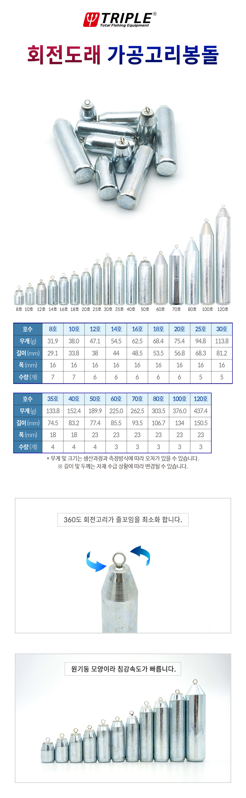 트리플 회전도래 가공고리봉돌 쭈꾸미 문어 갑오징어 등